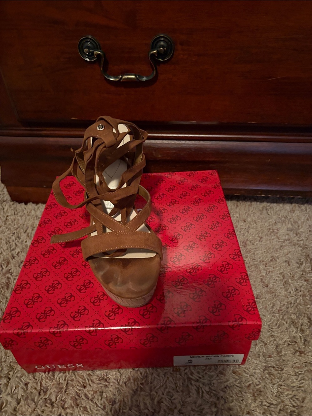 Guess Brown Suede Crisscross Lace-Up Wedge Sandals